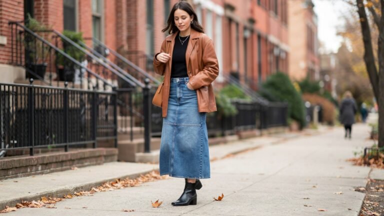 20 Jean Skirt Fall Outfits You Can Pair with Opaque Tights